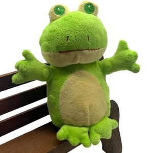 Green Frog Plush Stuffed Animal Soft Toy 8 Inch Embroidered Eyes Tan Belly